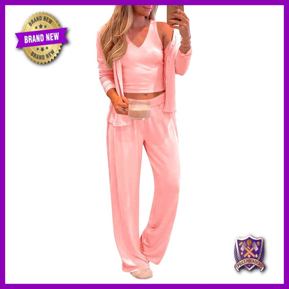 3 Piece Pajama Set Long Sleeve Cardigan V Neck Tank Wide Leg Pants